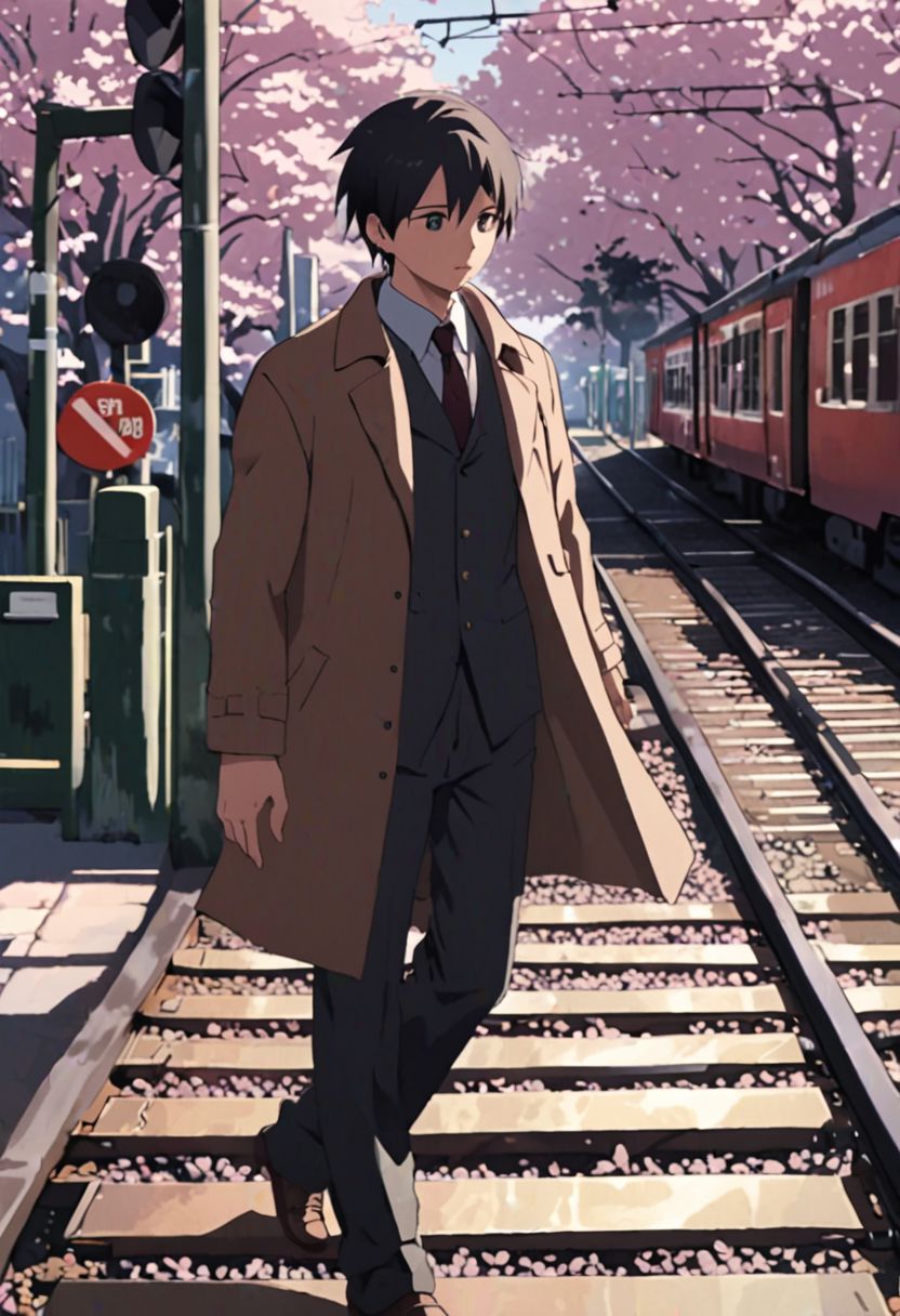 Highres, Masterpiece, High Quality, 4K, 8K, solo, 1Boy, Takaki Toono, adult, black hair, short hair, brown coat, trousers, passing train, railroad crossing, cherry blossoms, easynegative, detailed_eye_model