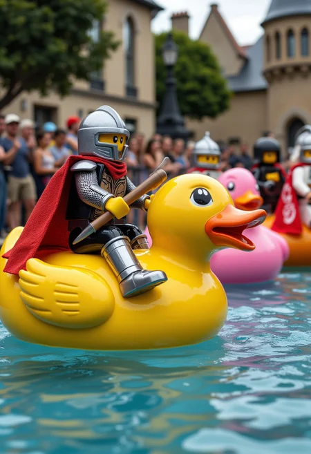 LEGO knights participate in a jousting tournament riding atop giant rubber ducks in a medieval water park.
aidmamj6.1, aidmafluxpro1.1