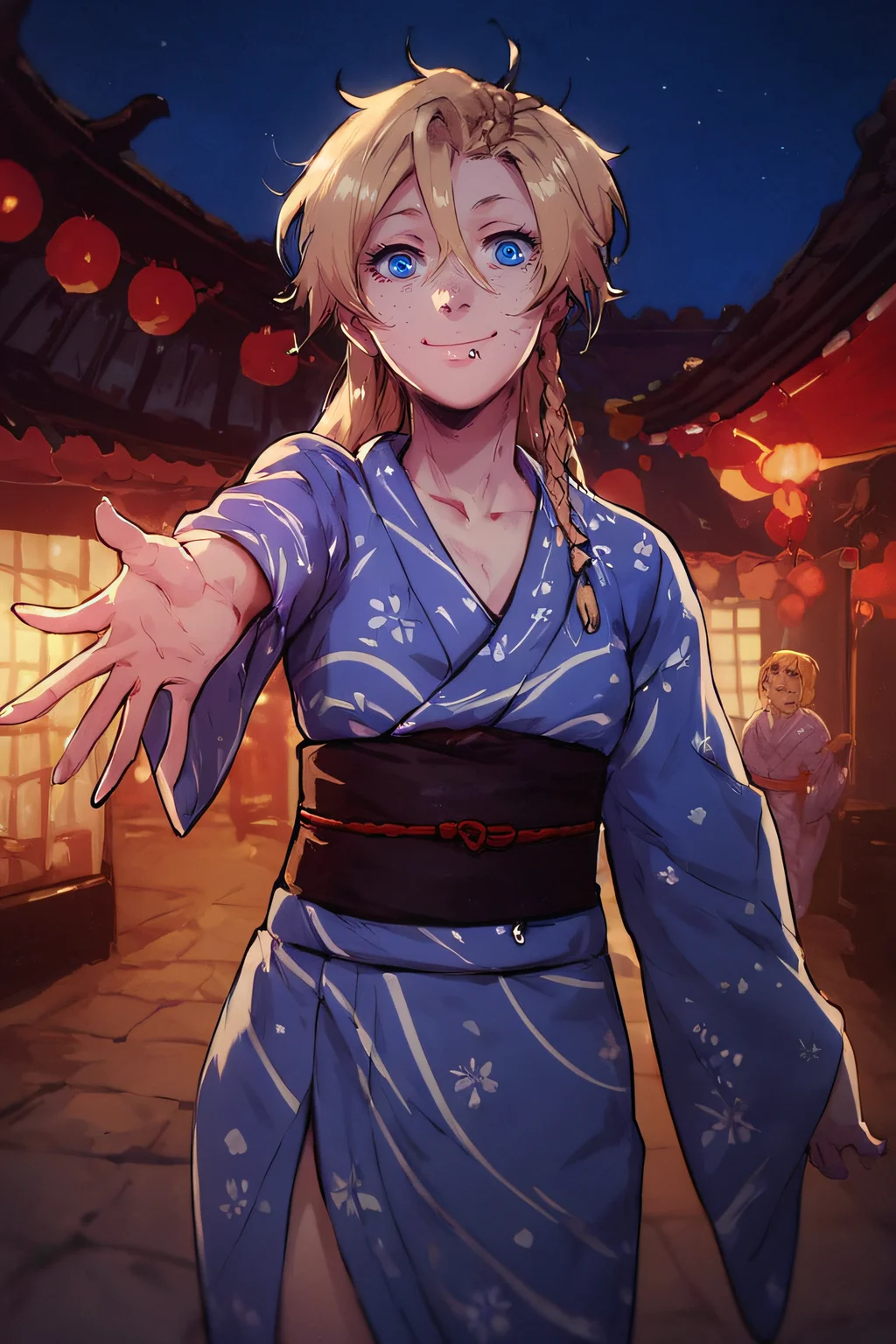 score_9,score_8_up,score_7_up, looking at viewer,
mary, 1girl, solo, long hair, blue eyes, blonde hair, braid, side lip piercing, freckles,
kimono, yukata, obi, summer festival, standing, cowboy shot, smile, closed mouth, night, reaching towards viewer,
<lora:sinfully_stylish_SDKL:0.8> <lora:Expressive_H:0.5> <lora:1dkXLP:0.5> <lora:Mary_Steinberg-11:1>