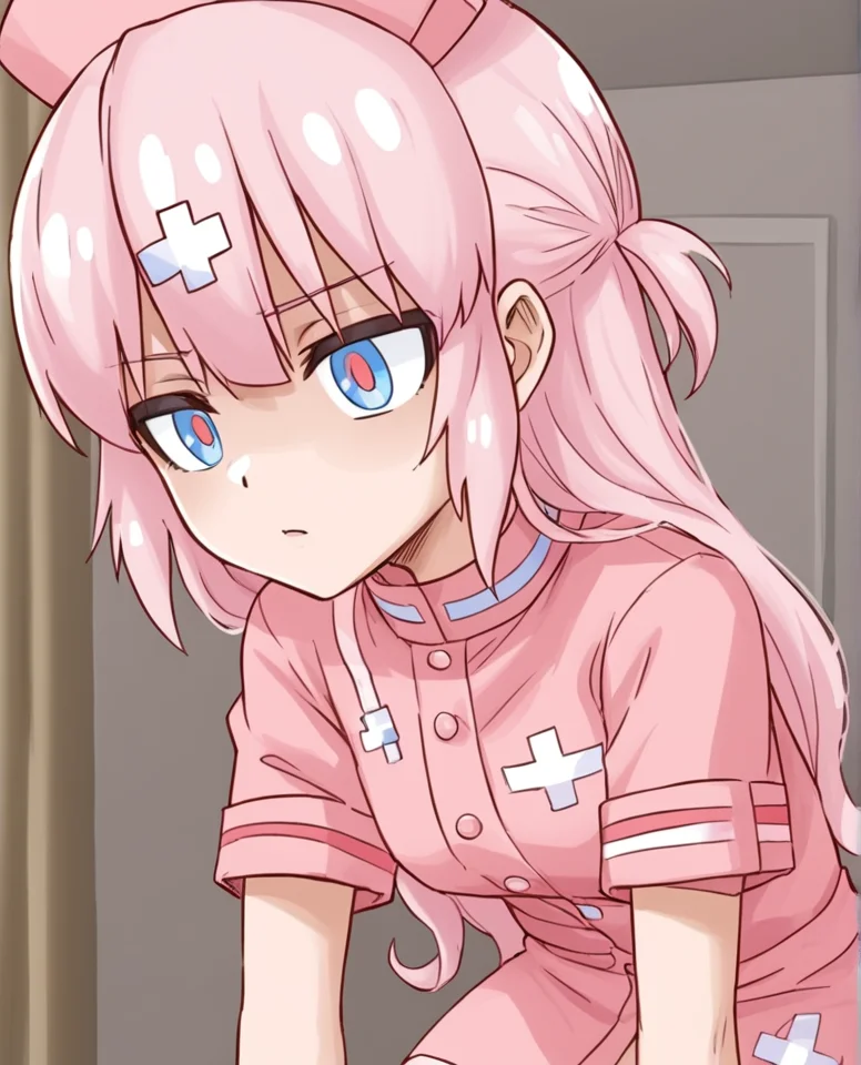 <lora:Bianca:1>, 1girl, bianca, pink hair, patches on hair, nurse