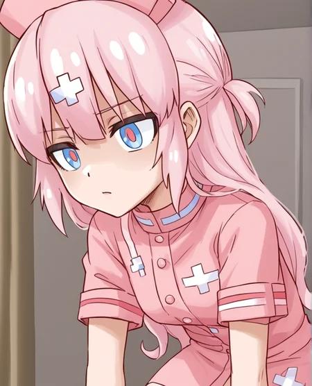 <lora:Bianca:1>, 1girl, bianca, pink hair, patches on hair, nurse