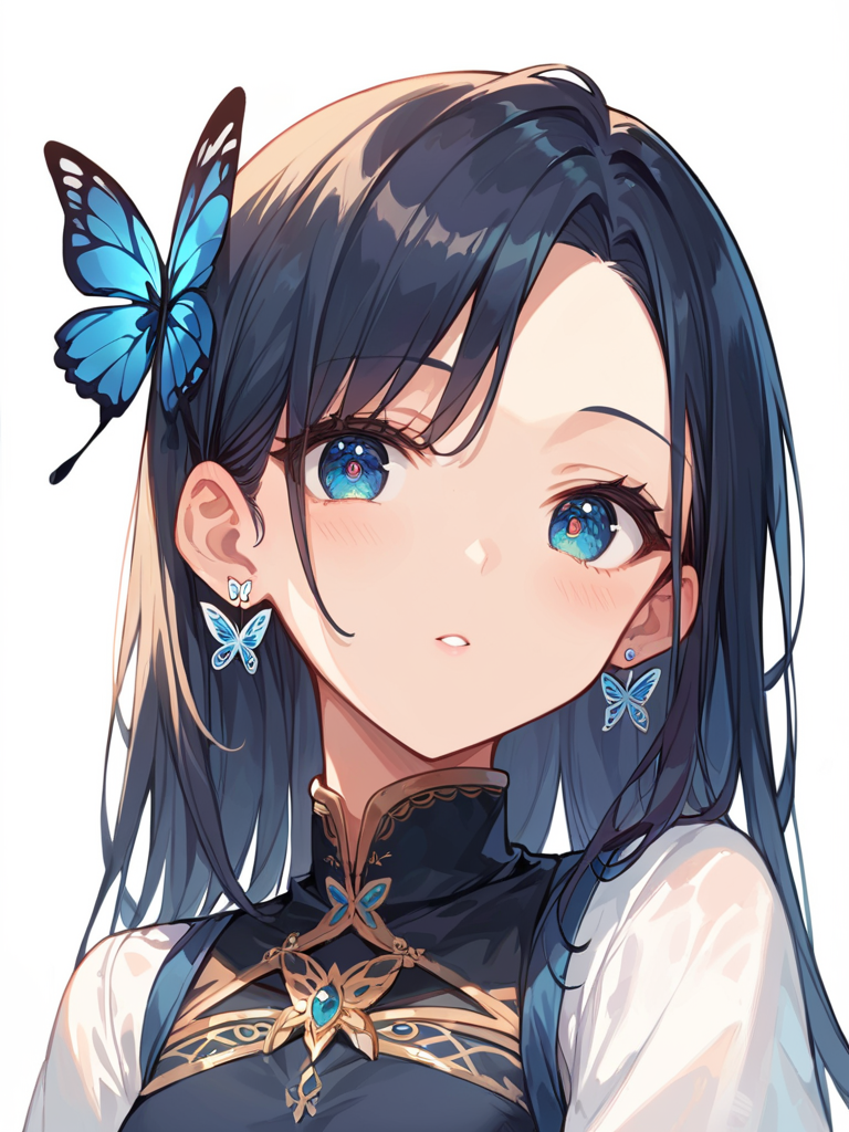 score_9, score_8_up, score_7_up,source_anime, high res image,masterpiece,best quality,girl,cute face,clear skin,shiny hair,ultra detailed eyes,simple background ,  <lora:butterfly ear piercing_pony_V1.0:1> butterfly ear piercing