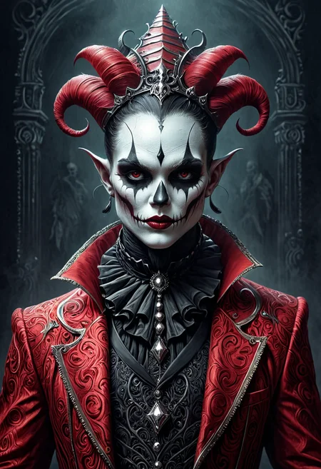 pencil sketch illustration, dark circus character, monochrom, horror makeup, ornate costume, fantasy horror vibes, dramatic composition, dark fanatsy art, dark red paper background, high detailed, 4k, mobe-godeen <lora:GothicDetailEnhancerV1:0.7>, <lora:add-detail-xl:0.6>,
