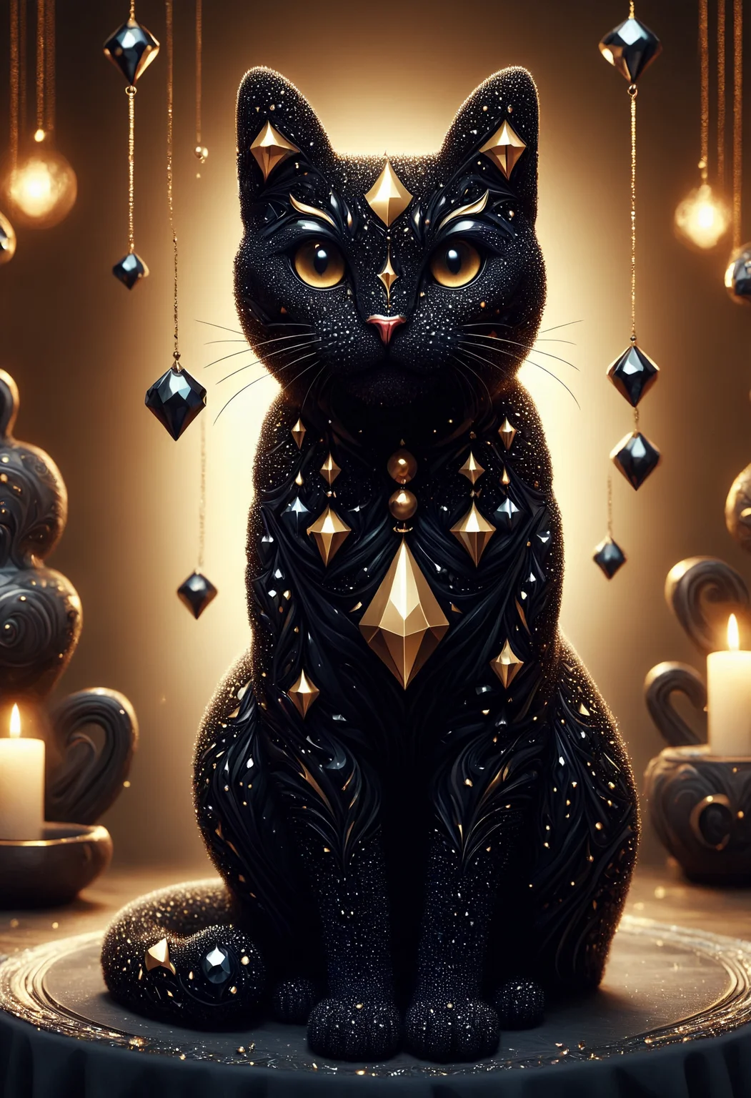 (art by Yumihiko Amano:1.1) , elegant, Giant Corsican (Chartreux Cat:1.2) Lance Corporal, expressing joy, wearing suit, Action pose, magnificent amulet, Traditional background, at Golden hour, Amusing, Dark hue, fun, made out of black diamonds, <lora:PinkieBlckDmndsSDXL-v1:1>, p1nkblackd1am0nds, magical, deep rich colors, very inspirational, illustrious, set logical ambient background, highly detailed