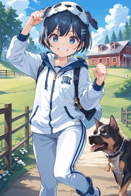 score_max, (score_9, score_8_up, score_7_up:1.2), score_6_up, official art, illustration, source_anime,
masterpiece, absurdres, high detail, farm, sky, dog,
standing, arm up, clenched hands, standing on one leg, smile,
xxxx, kaorin, hairclip, dog girl, dog cosplay, dog suit, fur body,
<lora:XL_Pony_MGCM-kaori-t1:1>