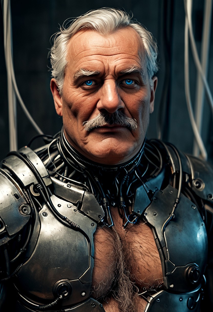 realistic, closeup portrait, face portrait, focus on face, seen from the side, dark cyberpunk megacity, neonlit background, volumetric light rays, natural light, alone, solo, relaxed cute pose, arm resting on leg, old granddad, old man, grandpa, tanned skin, strong tan, pubic-hair, small flat crooked down nose, bushy eyebrows, hairy chest, chesthair, strong manly round chubby face, deep blue eyes, (charming, handsome, sensual, arrogant, challenging), wearing cybernetic armor, cables and wires, latex bodysuit, cybernetic bodysuit, cyberpunkt accessoires