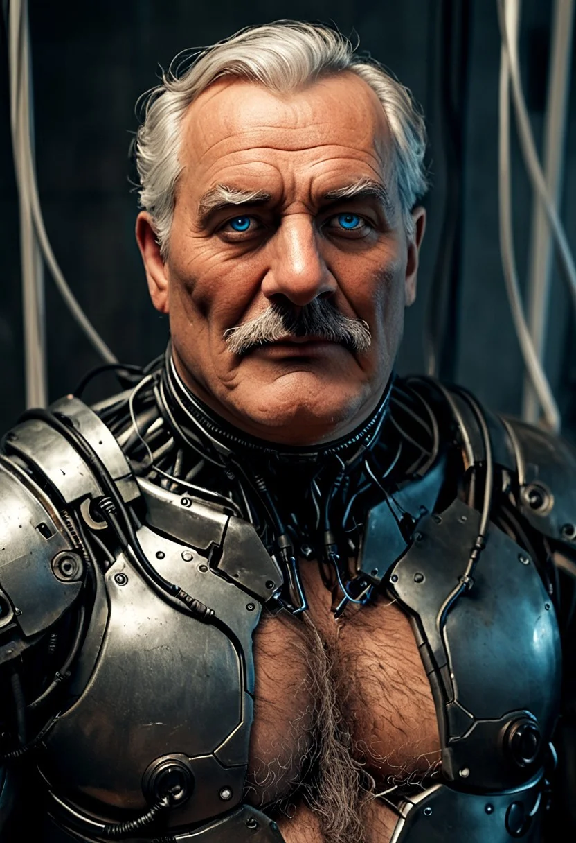 realistic, closeup portrait, face portrait, focus on face, seen from the side, dark cyberpunk megacity, neonlit background, volumetric light rays, natural light, alone, solo, relaxed cute pose, arm resting on leg, old granddad, old man, grandpa, tanned skin, strong tan, pubic-hair, small flat crooked down nose, bushy eyebrows, hairy chest, chesthair, strong manly round chubby face, deep blue eyes, (charming, handsome, sensual, arrogant, challenging), wearing cybernetic armor, cables and wires, latex bodysuit, cybernetic bodysuit, cyberpunkt accessoires