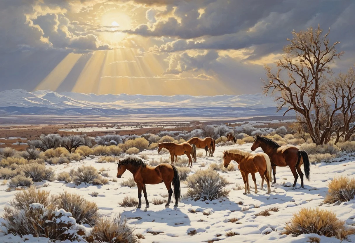 Wild horses, mesa, snow, landscape, no humans, scenery, cloudy sky, sun ray through the clouds, shrubbery, grass, masterpiece, a beautiful landscape painting of a wintry scene with wild horses, pristine, ornate border,