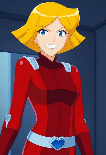 score_9, score_8_up, score_7_up, BREAK source_anime, cg, 1girl, clover \(totally spies\), blonde hair, short hair, blue eyes, red bodysuit, belt, grin, looking at viewer, standing, upper body, indoors, pov <lora:brj-clover-ponyXL-v0.6:1>