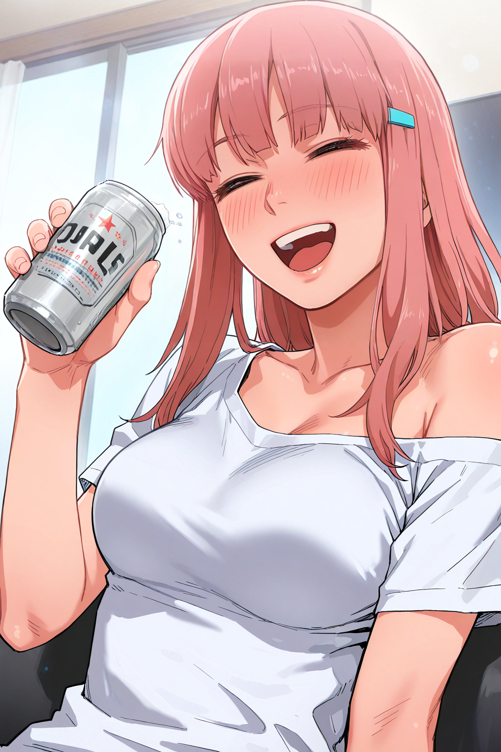 masterpiece, good quality, best quality, very awa, very as2, absurdres, highres, realistic, 
<lora:SolmiilluLora:1>solmi, pink hair, blunt bangs, blush, hairclip, large breasts, yellow eyes, happy, closed eyes, open mouth, holding beer can, loose shirt, off shoulder