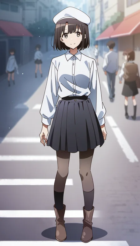 score_9,score_8_up,score_7_up,
<lora:megumikato:0.9>,
megumikato,
1girl,solo,black hair,bangs,short hair,brown eyes,looking at viewer,smile,white beret,white shirt,long sleeves,black layered skirt with lace trim,black pantyhose,black socks,black knee boots,
full body,standing,
blurry background,vignetting,bloom,lens flare,light particles,street,