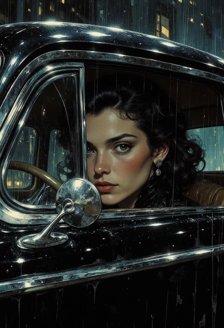 (cinematic, rough textures, low key lighting, chiaroscuro, nistyle:1.2), film noir style, impressionism, shadowplay.
a candid shot of a japanese femme fatale seen through an car window of an black 40s car. the car is partly out frame, the windows wide and expansive, the frames are of gleaming chrome. the woman has fair skin, dark, voluminous curls styled in an elegant 40s updo, and striking red lipstick. her eyes are accentuated with bold, black eyeliner and mascara. she exudes timeless elegance and sophistication. the rainy, gloomy, night creates and mysterious and melancholic atmosphere.
