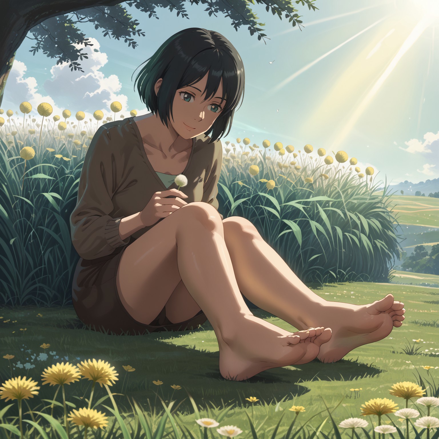 gwfeet, 1girl, sitting, bare legs, barefoot, black hair, smile, dandelion, feet, toes, foot focus, soles, grass, flower, sunlight, light rays, toes, holding feet