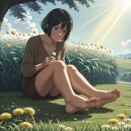 gwfeet, 1girl, sitting, bare legs, barefoot, black hair, smile, dandelion, feet, toes, foot focus, soles, grass, flower, sunlight, light rays, toes, holding feet