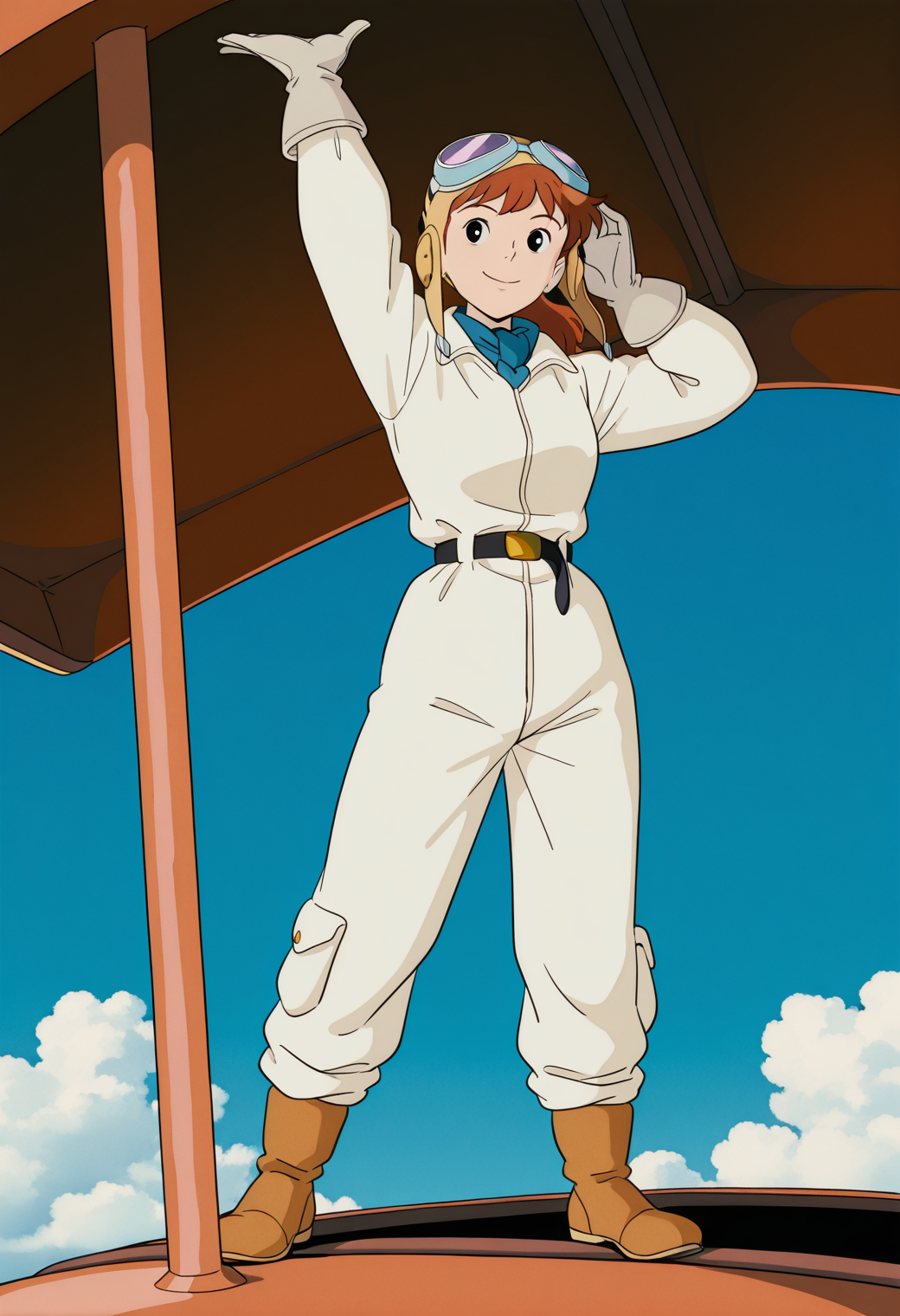 masterpiece, best quality, very aesthetic, absurdres, 1girl, solo,
<lora:fio_piccolo_v01:0.8>, fio_piccolo, fio_pilot, brown hair, ponytail, black eyes,
goggles on head, aviator cap, blue scarf, jumpsuit, long sleeves, grey gloves, black belt, brown footwear, smile, posing, arm up, blue sky