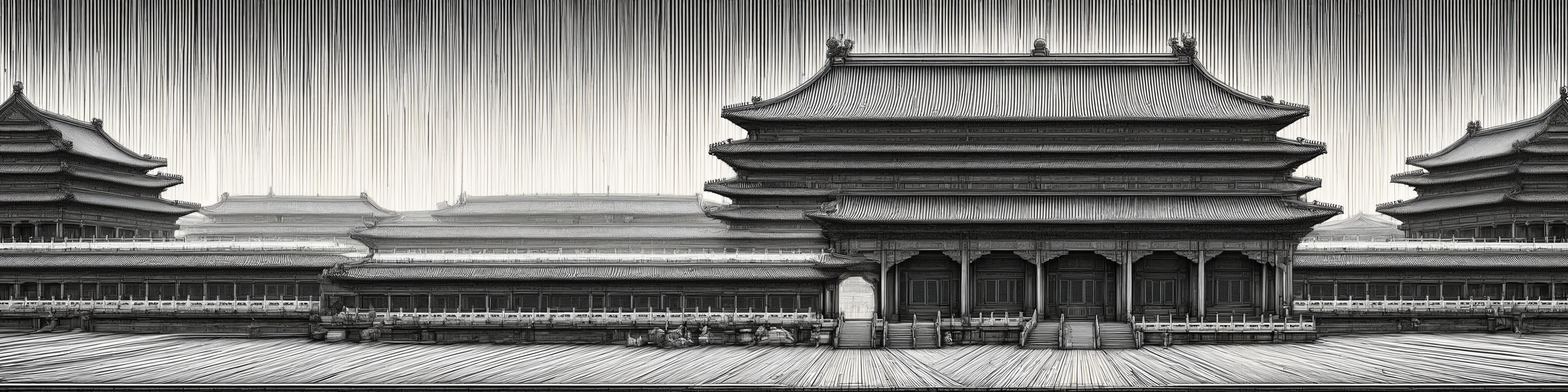 Create a highly detailed,technical drawing of  The Palace Museum of China,emphasizing precision and complexity in its design,The view should be panoramic,with focus on structural details and textural elements,masterpiece,high quality,bigc,digital engraving,crazy detail,8k,((cash green)),Diagonal lines are highlighted throughout the picture,<lora:gugong_V0-000002:1>,