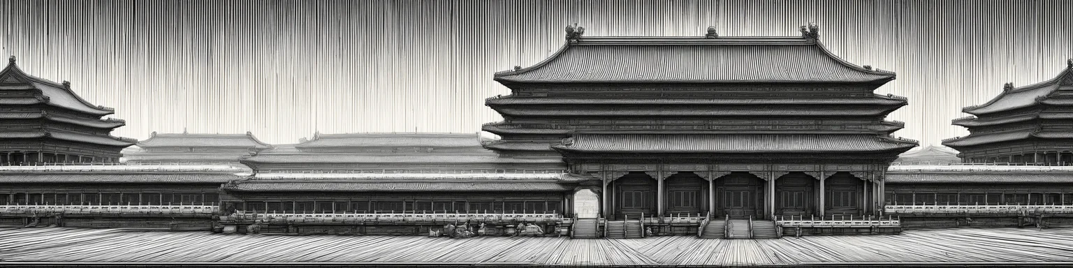 Create a highly detailed,technical drawing of The Palace Museum of China,emphasizing precision and complexity in its design,The view should be panoramic,with focus on structural details and textural elements,masterpiece,high quality,bigc,digital engraving,crazy detail,8k,((cash green)),Diagonal lines are highlighted throughout the picture,<lora:gugong_V0-000002:1>,
