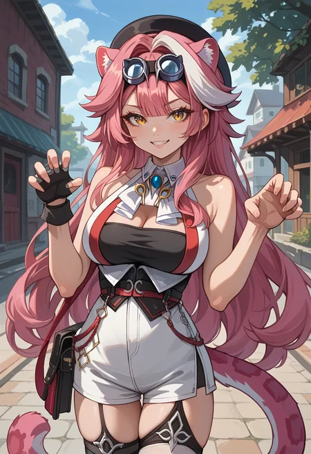 score_9, score_8_up, source_anime, 1girl, solo, RaoraPanthera, cat ears, streaked hair, long hair, black hat, goggles on head, detached collar, brooch, white shirt, sleeveless shirt, cleavage, black corset, white shorts, high-waist shorts, fingerless gloves, single glove, garter straps, white thighhighs, cat tail, paw pose, smirk, outdoors, <lora:ChamRaoraPantheraPonyXL:1>