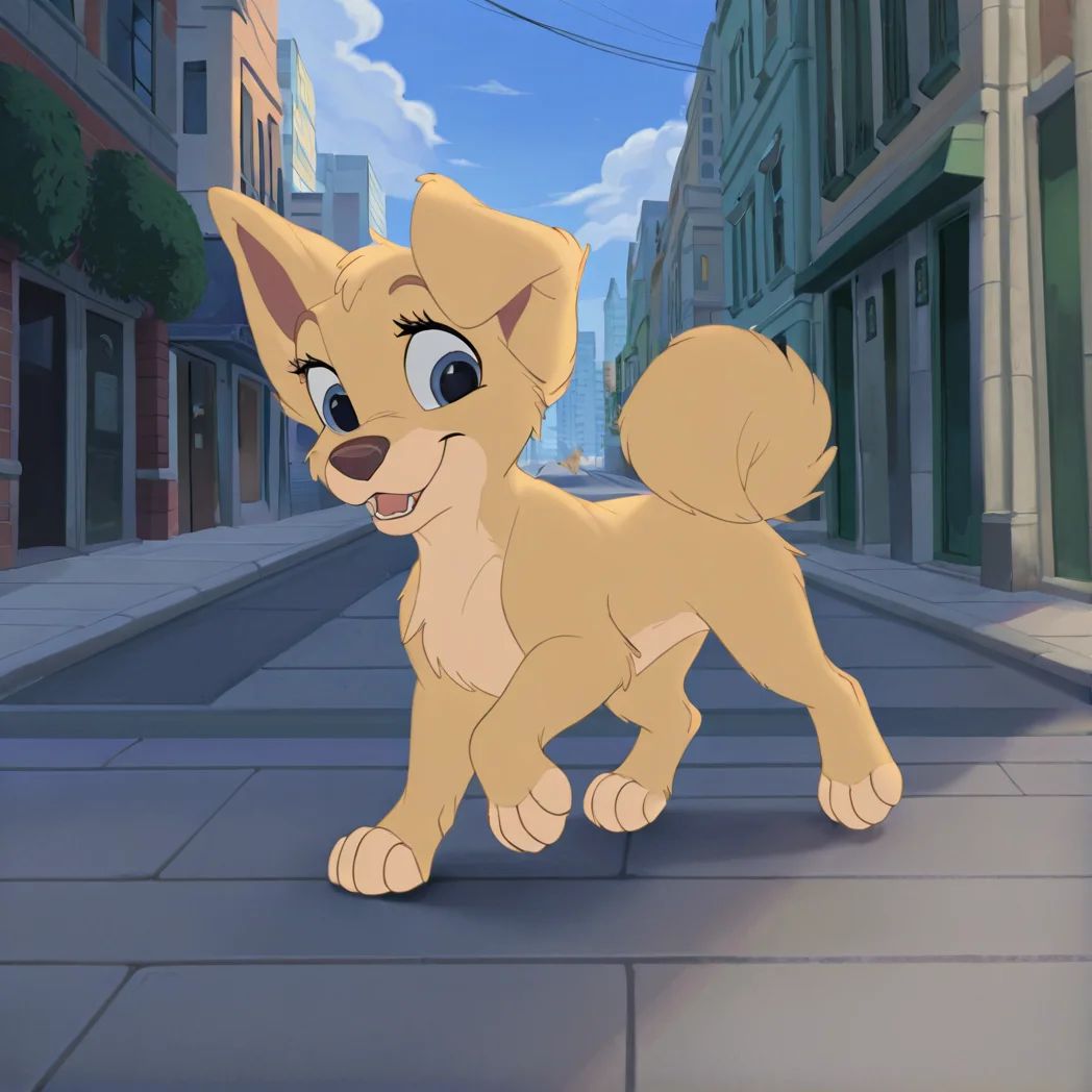 <lora:angellt_illustrious:1>, (masterpiece), (best quality), (ultra-detailed), amazing quality, very aesthetic, illustration, perfect composition, intricate details, absurdres, incredibly absurdres, angellat, dog, yellow fur, body fur, solo, 1girl, outside, running, city, street, sidewalk, clouds, blue eyes, animal,