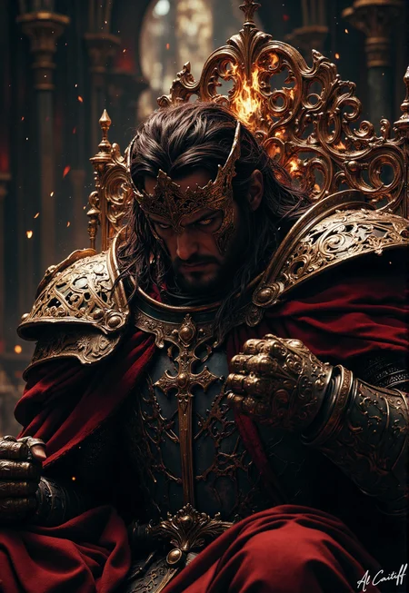 From a high-angle vantage, the 35mm telephoto lens compresses the sceneâslight barrel distortion bending the edges of reality, as if the throne itself warps under the weight of its occupant. The knight is a monolith of shadow and crimson, his cloak pooling like spilled wine over gilded armor, every etched filigree and cross catching the dying sunâs fire. Motion blurs the edges of his pauldrons, a ghostly tremor of restrained violence. His fistsâcrushed steel and silent furyâanchor him to the throne, while the deep depth of field pulls the hallâs vaulted arches into sharp relief, a cathedral of impending reckoning. The air is thick, heavy, golden dust swirling in the lightânot illumination, but a gilding of decay., fg<lora:CustomFlux/MysticFantasy.safetensors:0.5000000000000001:0.5000000000000001> <lora:Flux/Stylized-Super-Texture.safetensors:0.5000000000000001:0.5000000000000001> <lora:CustomFlux/MysticRealism.safetensors:0.7500000000000001:0.7500000000000001>