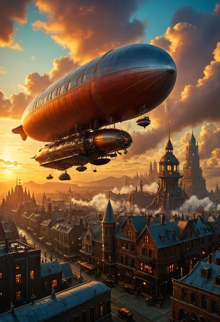 ultra HD, high quality, 4K, score_9, score_8_up, score_7_up, photo, extremely detailed, 8k, high quality, Source_photo, real photo, sharp,
steampunk zeppelin airship flying over a steampunk city, skyscrapers, vibrant, dynamic, sunset, silhouetted, clouds, scenery, masterpiece, perfect composition, legendary view