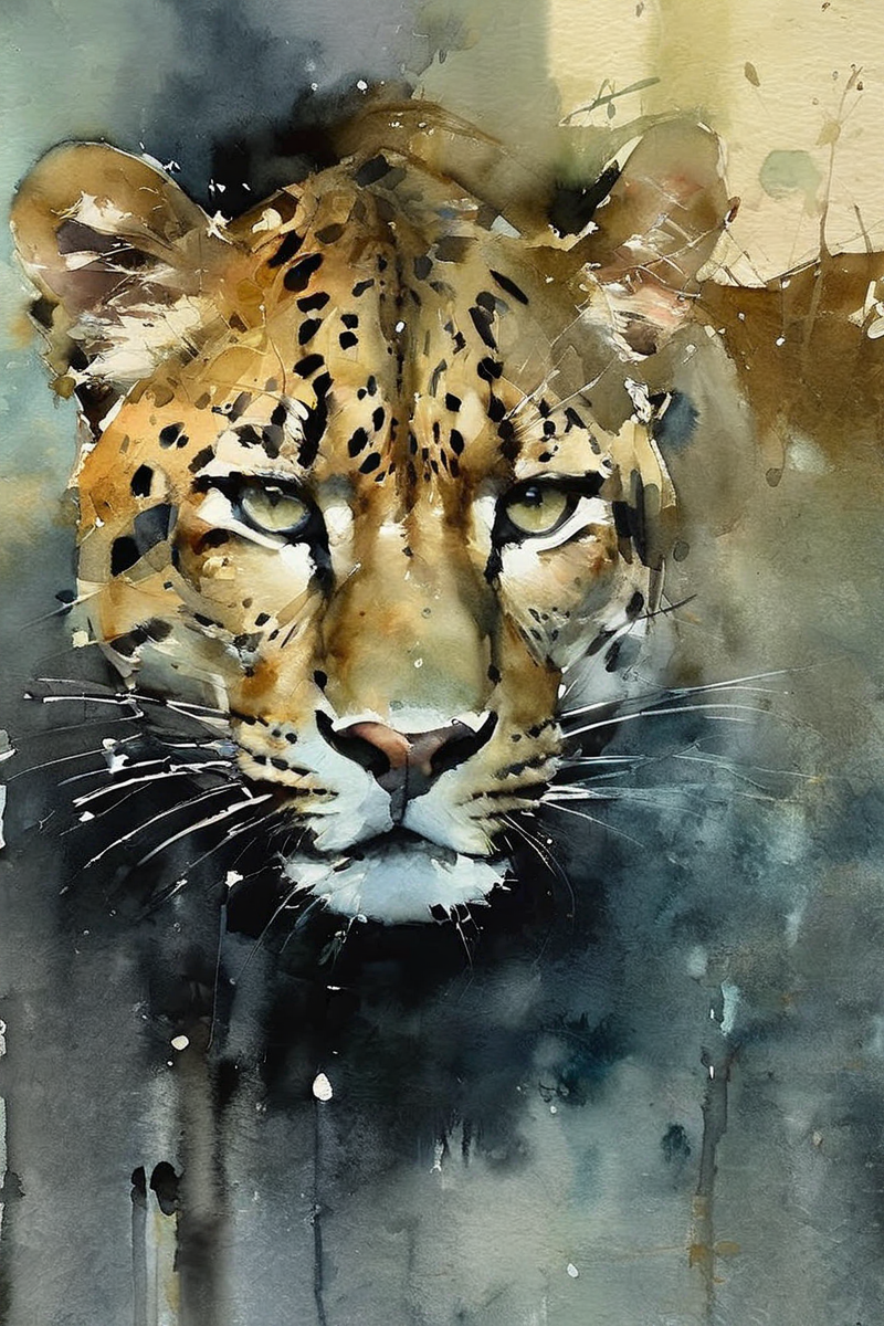 Watercolor masterpiece,leopard,impressionist art painting by Jeremy Mann,Miles Johnston,Alasdair McLellan,Daniel Merriam,Peter Glick,Darius Klimza,spectacular backlighting,perfection,gorgeous art,beautifully lit,dark atmosphere,surreal,ethereal,exquisite detail,brilliant,wonderful,outstanding,amazing colors,mysterious,watercolor wash,<lora:Watercolor _sdxl:1.3>, Watercolor style,