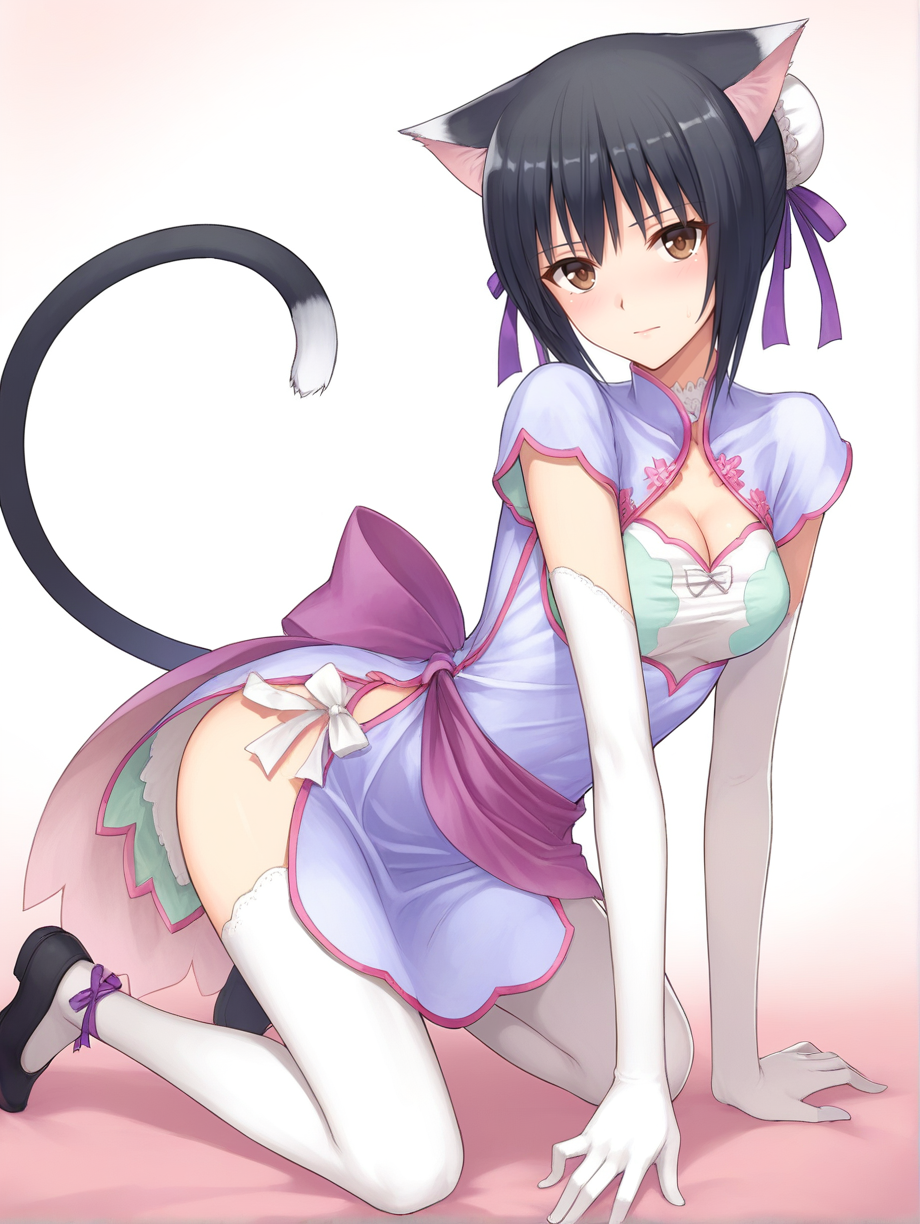 score_9, score_8, score_7_up, source_anime,
shaomei rin, animal ears, black hair, short hair, brown eyes, hair ribbon, ribbon, hair bun, cat tail, 1girl, solo, 
chinese clothes,shao outfit, gloves, single white thighhigh, ribbon, elbow gloves, white gloves,  all fours, blush, 
<lora:Expressive_H:0.2> <lora:StS_PonyXL_Detail_Slider_v1.4_iteration_3:0.2> <lora:housechores-guy-PONYv1:0.3>  <lora:shaomei rin v0.1:0.8>