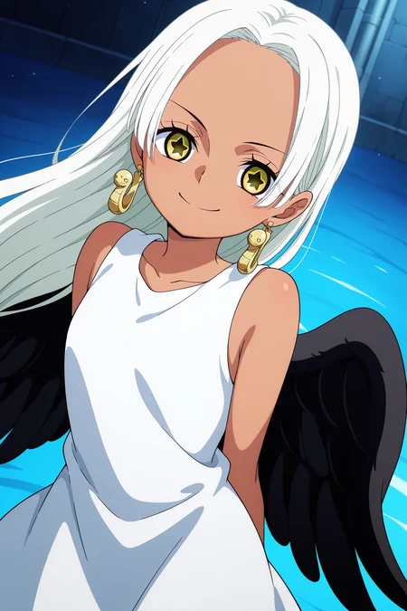 1girl, <lora:S-Snake _ One Piece _ Illustrious _ v2:1>, dark skin, white hair, long hair, yellow eyes, star-shaped pupils, earrings, black wings, 
white dress, sleeveless, 
looking at viewer, smile,