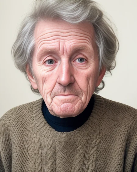 portrait of an older irish man bodygrammps, sweater, face, read hair