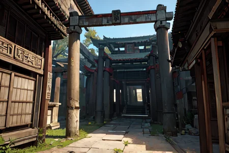 highly insanely detailed, masterpiece, top quality, best quality, highres, 4k, 8k, RAW photo, (very aesthetic, beautiful and aesthetic), (ancient japanese cyberpunk, ancient chinese cyberpunk, ancient egyptian cyberpunk:1.2),
1girl, solo,
creek,Valley,trail,National_Park,Village,massive_dam_structure,Neolithic_architecture,hypostyle_hall,ancient_temple_complex,dark background,
<lora:two_side_up-1.0:0>âââ