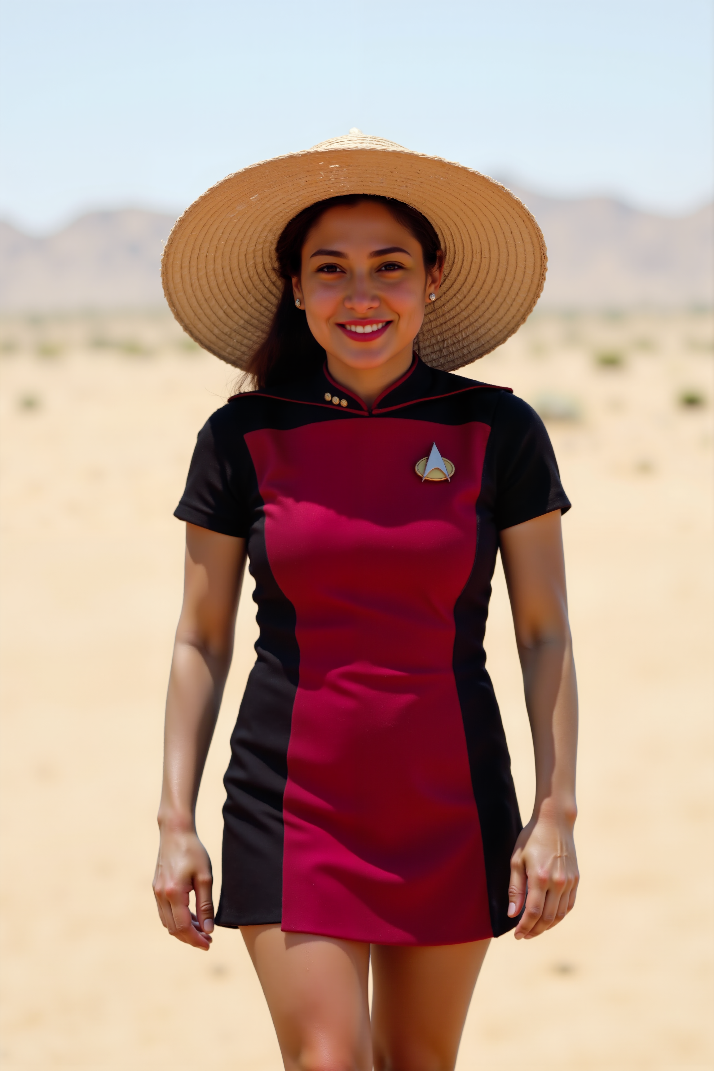 a high quality sharp photo still of indian woman wearing red STSKNT uniform with black shoulders and sides and with short sleeves walking on a desert holding an ubrella on a suny day, smiling.<lora:ST_SKANTV2_FLUX><lora:aidmaMJ6.1-FLUX-V0.1:0.6><lora:Movie_Portrait><lora:Flux DetailerV2>
