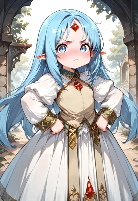 masterpiece, best quality, good quality, very awa, very aesthetic, absurdres, newest, gr4ph1t3, beautiful eyes, perfect eyes, detailed eyes, 1girl, solo, eset_kalar_il ,pointy ears,blue hair,long hair,red gem forehead, cute, looking at viewer, blush, pout, annoyed, full face blush, cheeks puffy cheeks, very cute, hands on hip, leaning foraward, closeup, outdoors, intown, fantasy