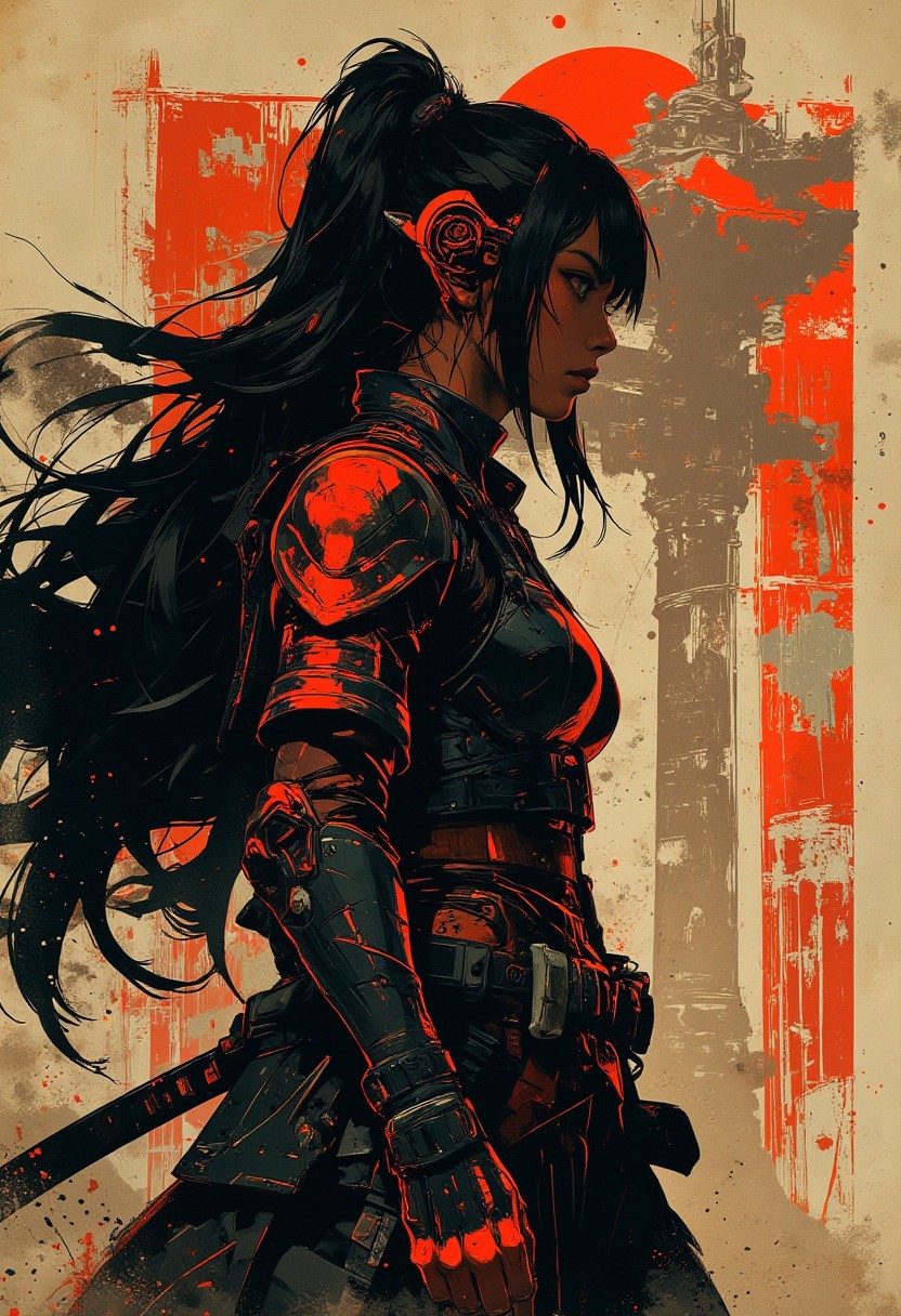 in the style of ck-mgs, nistyle, Inkplash art on rice paper, sepia, henna , Silhouette Art, magnificent, inksplash closeup portrait of asian female samurai, flowing black hair, reflective black and neon red armor, a katana strapped to her back, abstract background suggesting eastern temple