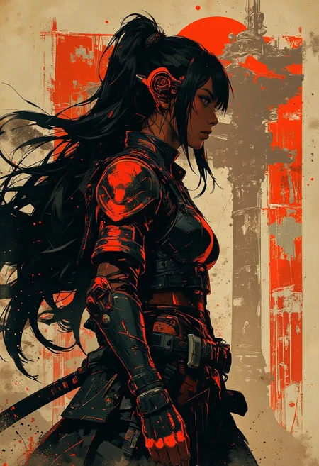 in the style of ck-mgs, nistyle, Inkplash art on rice paper, sepia, henna , Silhouette Art, magnificent, inksplash closeup portrait of asian female samurai, flowing black hair, reflective black and neon red armor, a katana strapped to her back, abstract background suggesting eastern temple