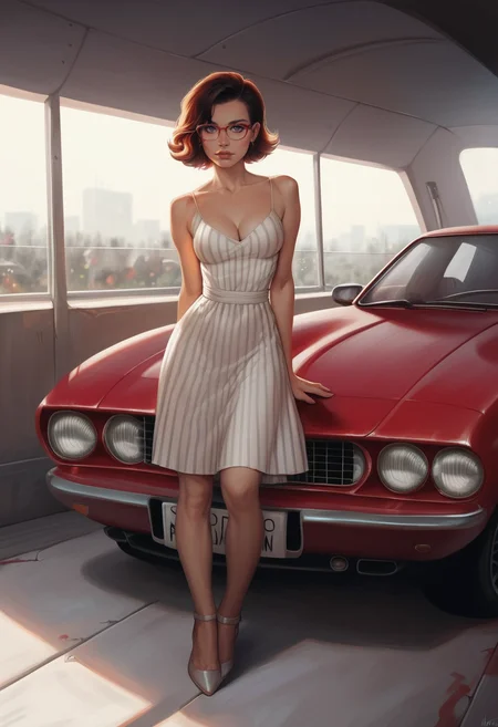 score_9, score_8_up, score_7_up, solo, girl, 20 years old, sport car, leaned against vehicle, retro vehicle, beautiful girl, knee length dress, medium breast, cleavage, narrow waist, thin arms, collarbone, cute face, big eyes, medium hair, smooth hip lines, round butt, smooth lines car body, chrome parts, radiator grille, headlights, wheels, windshield, full body shot, detailed face, detailed eyes, detailed iris, photorealistic, sharp shadows, dramatic lighting, semi-realistic, clean line