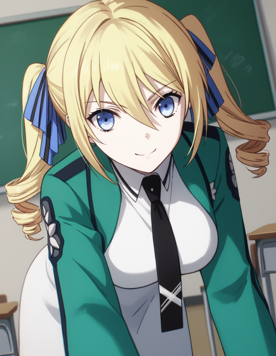 score_9, score_8_up, score_7_up, source_anime,
angelinakudoushields, <lora:angelina-kudou-shields-s2-ponyxl-lora-nochekaiser:1>,
angelina kudou shields, blue eyes, blonde hair, ribbon, hair between eyes, twintails, hair ribbon, drill hair, blue ribbon, twin drills,
long sleeves, dress, school uniform, pantyhose, necktie, white dress, black necktie,
indoors, classroom, bent over, smile,
solo, dutch angle, looking at viewer, cowboy shot,