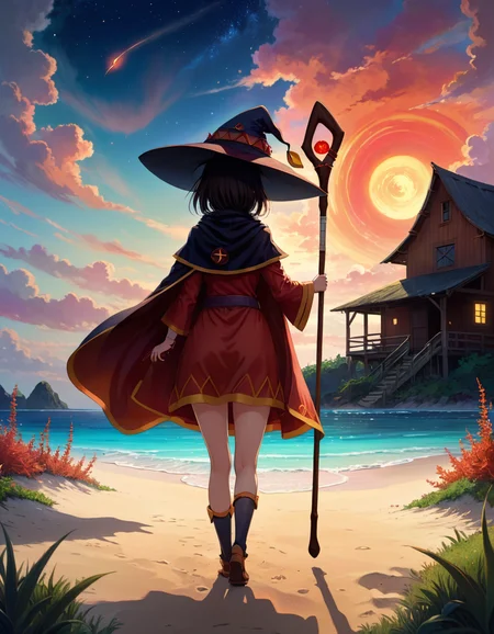Color Field Painting 1girl megumin with witch hat and cape and one staff, from behind, smiling  , 
outside Art Deco Barn in Coral Reef, Overcast sky Weather Infinite sky at Evening glow
 <lora:MeguminXL_v2.5:1>, <lora:SDXL - Wrong:1>, ZIP2D , abstract, simple, geometic, color field painting style
