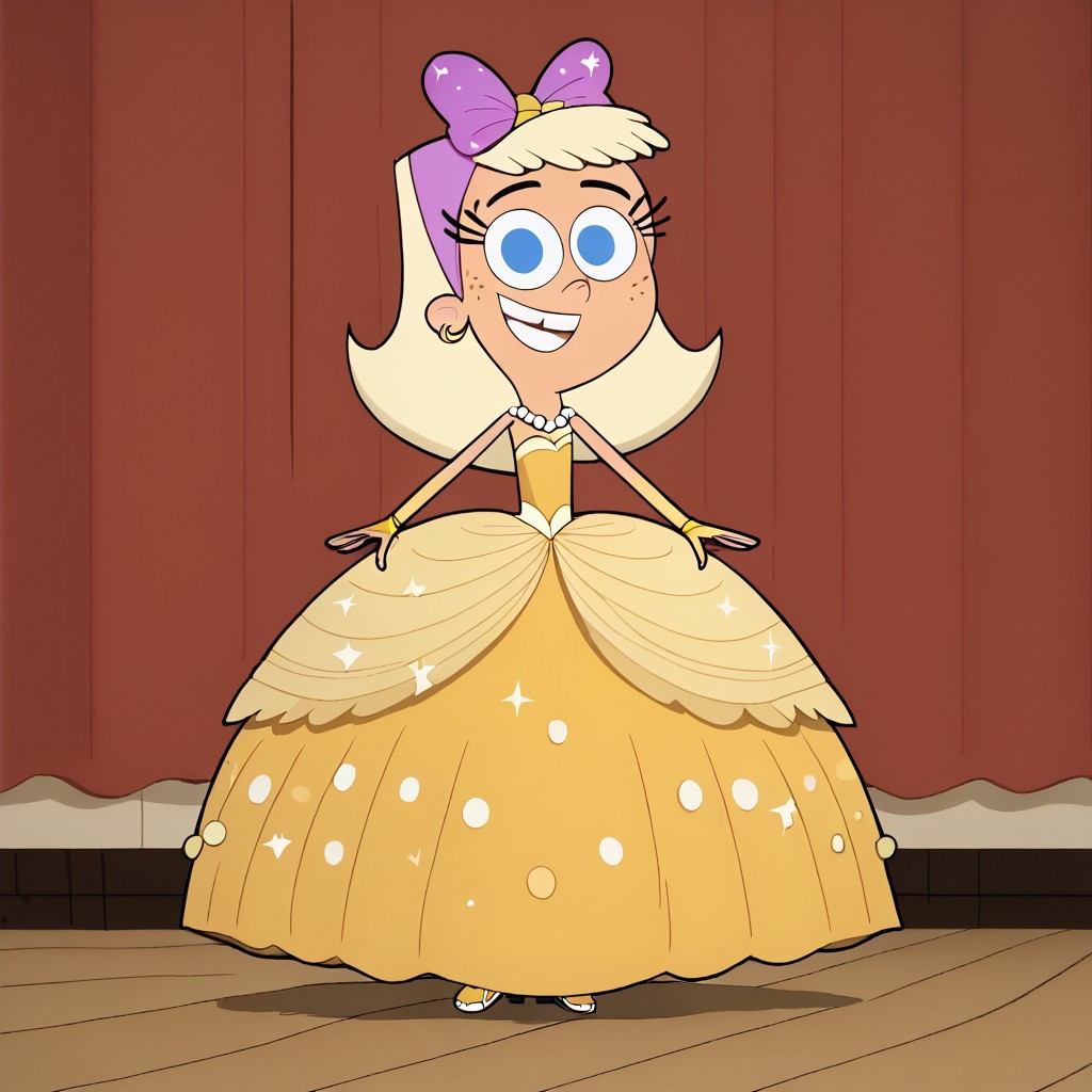 score_9, score_8, score_7, BREAK, chloe_fop, long hair, blonde hair, blue eyes, freckles, hair bow, cute, Very long large straight sparkling tulle yellow princess ball gown hoop skirt, ball gown hoop skirt, yellow princess dress, hoopdress, my big sparkly gypsy wedding dress, ballgown, She is wearing long elbow length yellow fingerless bridal gloves, white pearl necklace, a girl in a big wide poofy floor length posing for a picture, wearing a sleeveless ballgown, looking at viewer and smiling, standing, smiling, full body, looking at viewer