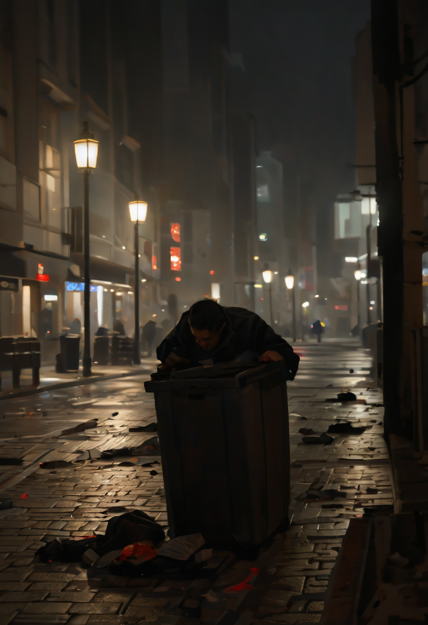 pile of garbage, street, modern city at night, drunk man vomiting, streetlight reflections, puddles of filth <lora:sd_xl_offset_example-lora_1.0:0.4> <lora:Projext_X2:-1.0> <lora:Night_in_Tokyo_by_Styx:0.75>