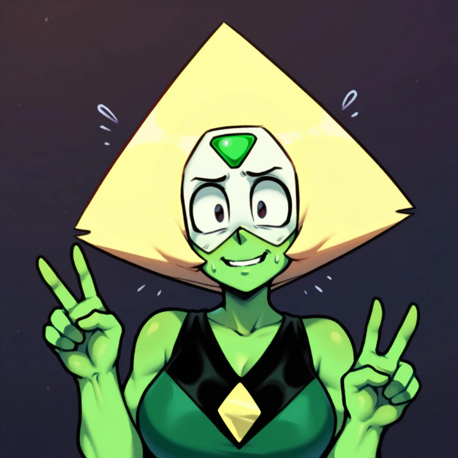 masterpiece, best quality, good anatomy, detailed face, detailed eyes, 5 fingers, solo, 1girl, peridot \(steven universe\), forehead gem, triangle hair, blonde hair, colored skin, green skin,, front view, looking at viewer, simple background, character concept, clothed, nervous smile, peace sign, upper body portrait, 