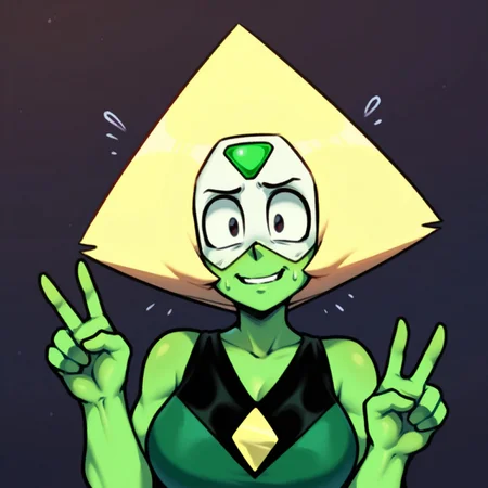 masterpiece, best quality, good anatomy, detailed face, detailed eyes, 5 fingers, solo, 1girl, peridot \(steven universe\), forehead gem, triangle hair, blonde hair, colored skin, green skin,, front view, looking at viewer, simple background, character concept, clothed, nervous smile, peace sign, upper body portrait,