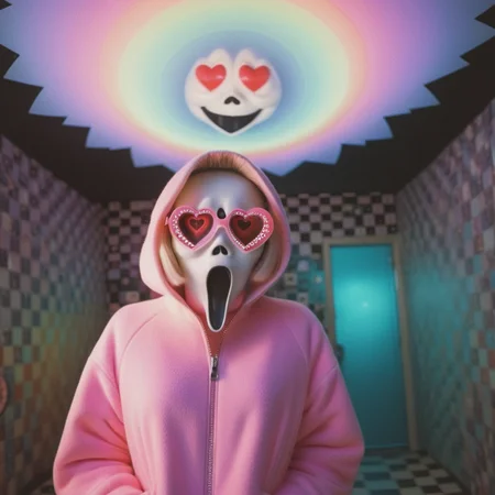 <lora:add-detail-xl:0.8> ((fullbody: 1.3)) A highly detailed real world image of an ((evil Ghostface Baller with a curvy womans body and a Zipper for a mouth :1.3)),4k HD, rhythm on display in a brightly colored space, in the style of fantastical otherworldly visions, kawaii, digitally manipulated images, ghostly presence, global illumination, shiny eyes,fractal geometric patterns with rainbow hues :1.5)) ((black and white tiles with pastel coloured rainbows hues fractals pilco predicta chalet 1959 model television background :1.5)), (fractal geometric patterns with rainbow hues :1.5)) ((black and white tiles with pastel coloured rainbows hues fractals pilco predicta chalet 1959 model television background :1.5)), ((mushroomcore :1.4)), ((2girls :1.5)) hyper realistic detail, perfect eyes, ((fullbody :1.5)), ((heart shaped glasses :1.5)), stunningly pretty, maxim, 128k, cinematic quality cinematic lighting, 1080p, sharpen, hyperrealism, lEICA SL2 50mm F 1.4 kit, mirrorless lens (( psychedelic lsd trip background :1.4)), ((bright coloured fractals :1.5)) ((Larry Carlson :1.3)), , cinematic quality, cinematic lighting, voodoo, sinister,128k, hyper realistic, pastel colour palette,((mark ryden 1.3)) --s 250 --v 6.0** - <@1100565623089668097> (fast)) <lora:Larry Carlson Style:0.8> Larry Carlson Style page <lora:Polaroid_Film:0.8> polaroid film photography, soft focus <lora:bigeyes-v2_16x8-4x1:0.2> big eyes, anime eyes <lora:001-Ghst:0.8> Ghostface Baller