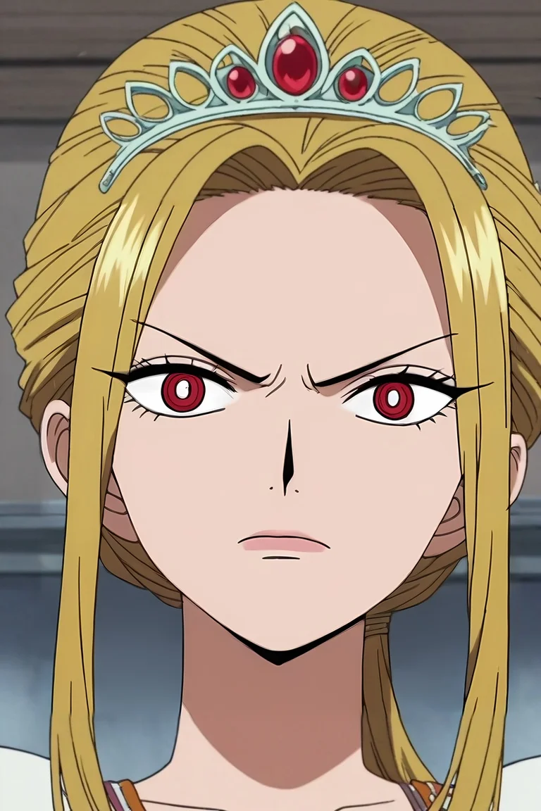 score_9, score_8_up, score_7_up, source_anime, anime screencap, rating_safe, intricate details, , depth of field, 1girl, ruby eyes, dark blonde hair, updo hairstyle, tiara,, solo, panorama, bedroom, (plush), midnight, villain pose, angry, <lora:one_piece_style_pony:0.88>, one_piece_style, , <lora:sdxl_lightning_8step_lora:1>