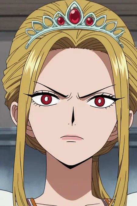 score_9, score_8_up, score_7_up, source_anime, anime screencap, rating_safe, intricate details, , depth of field, 1girl, ruby eyes, dark blonde hair, updo hairstyle, tiara,, solo, panorama, bedroom, (plush), midnight, villain pose, angry, <lora:one_piece_style_pony:0.88>, one_piece_style, , <lora:sdxl_lightning_8step_lora:1>