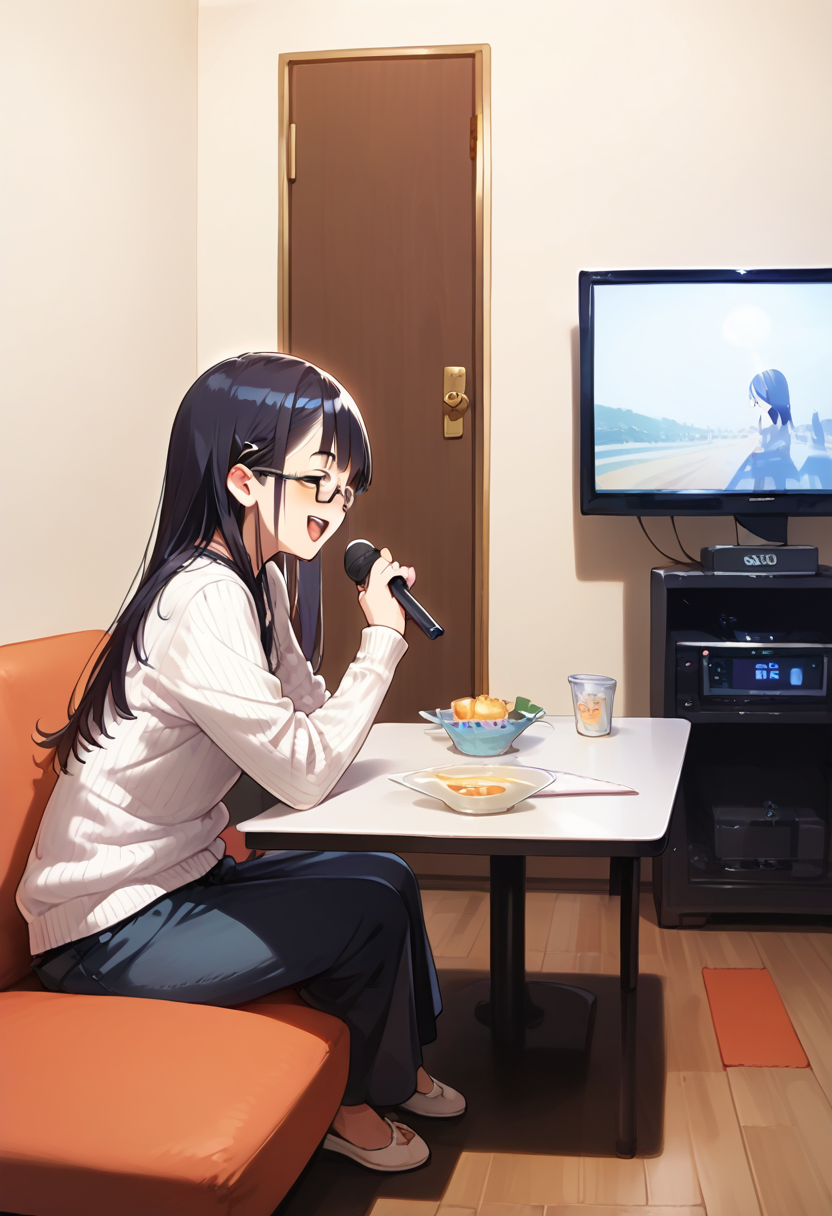 score_9, score_8_up, score_7_up, rating_safe, masterpiece, best quality, absurdres, unity 8k wallpaper, official art, official style, source_anime, uncensored, game cg, megami magazine,
1girl, solo, glasses, black hair, long hair, ribbed sweater, pants, happy, smile, closed eyes, open mouth, holding microphone, karaoke, sitting,
karaokeroom, scenery, table, door, indoors, couch, screen,joypad, microphone, television,
 <lora:karaoke_room_PONY_V3A:0.8>