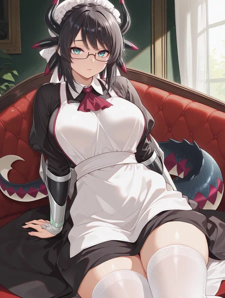 house dragonmaid, 1girl, solo, black under-rim eyewear, black maid dress, large breasts, looking at viewer, red ascot, sitting, parted lips, silver vambraces, white mob cap, white thighhighs,
masterpiece,best quality,amazing quality,very aesthetic,absurdres,newest,<lora:House dragonmaid illuXL v1:0.75>,
