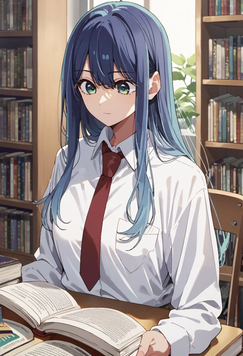 score_9, score_8_up, score_7_up, source_anime, kurokawa akane, blue hair, long hair, blue green eyes, 1girl, reading, solo, necktie, white shirt, shirt, book, bookshelf, indoors, collared shirt, red necktie, chair