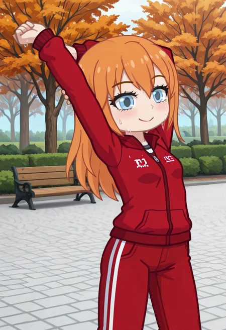 masterpiece,best quality,amazing quality, Gacha, GachaPumpkinRed, PumpkinRed, girl, Blue eyes, redhead, orange hair, sporty dark red jacket with stripes, red sporty  pants,  stretching, sweaty, park, cute, smile