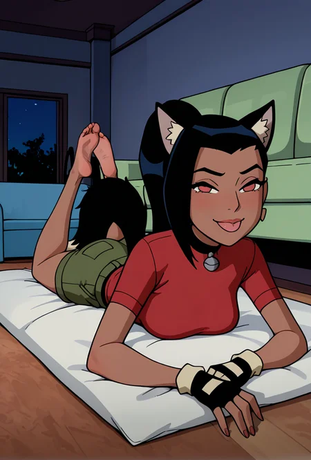 <lora:ovkai-10:1> ovkai, 1girl, long hair, black hair, dark skin, ponytail, earrings, lips, red shirt, short sleeves, turtleneck, green cargo shorts, fingerless gloves, ((cartoon, screencap)), dynamic pose, expressive, amazing quality, best quality, facial expression , smile, :P, full body, living room, messy room, couch, night, seductive, half closed eyes, wolf ears, wolf tail, prone, dog collar,, masterpiece, best quality, amazing quality, very aesthetic, absurdres, newest,