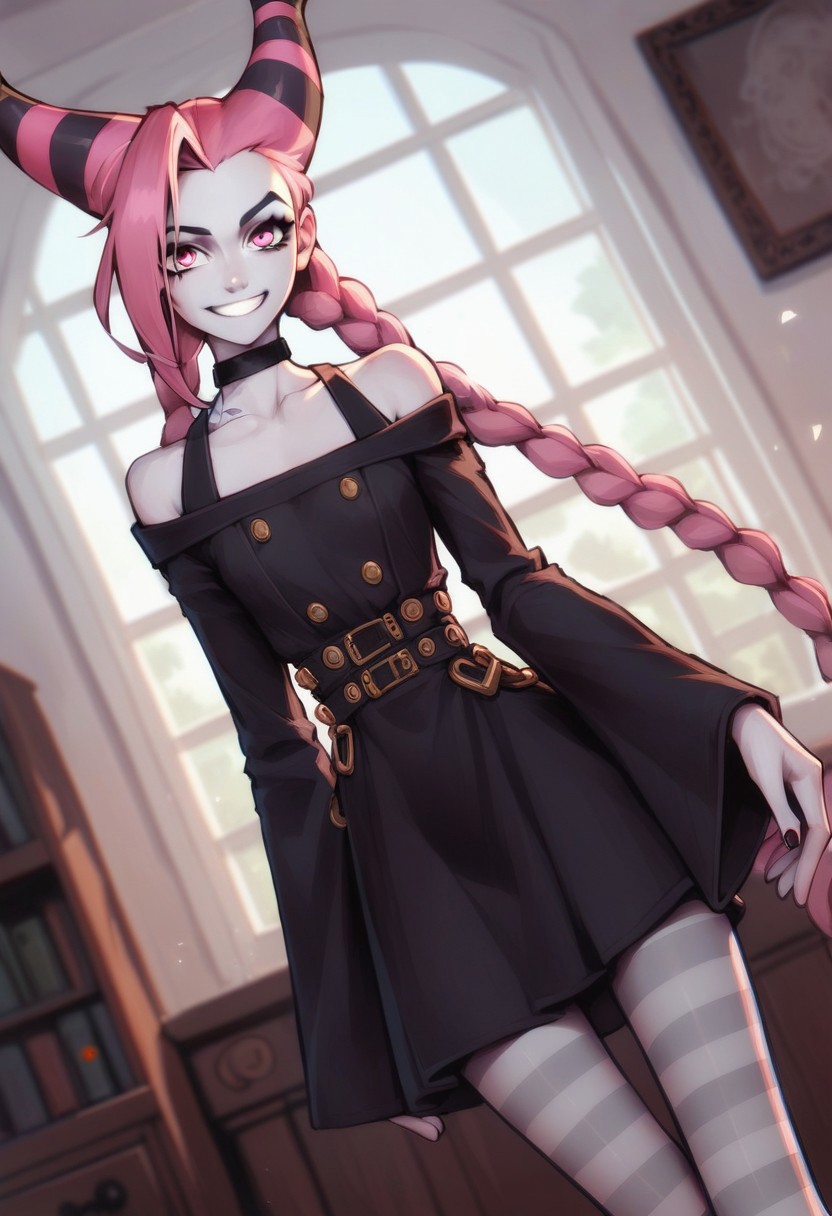 score_9, score_8_up, score_7_up, score_6_up, PRSNL, source_anime, jinx, jinx (dc), colored skin, grey skin, hair horns, pink eyes, pink hair,, choker, long sleeves, pantyhose, striped clothes, striped pantyhose, black dress, wide sleeves, collarbone,, indoors, smile, looking at viewer, solo,, cowboy shot, dutch angle